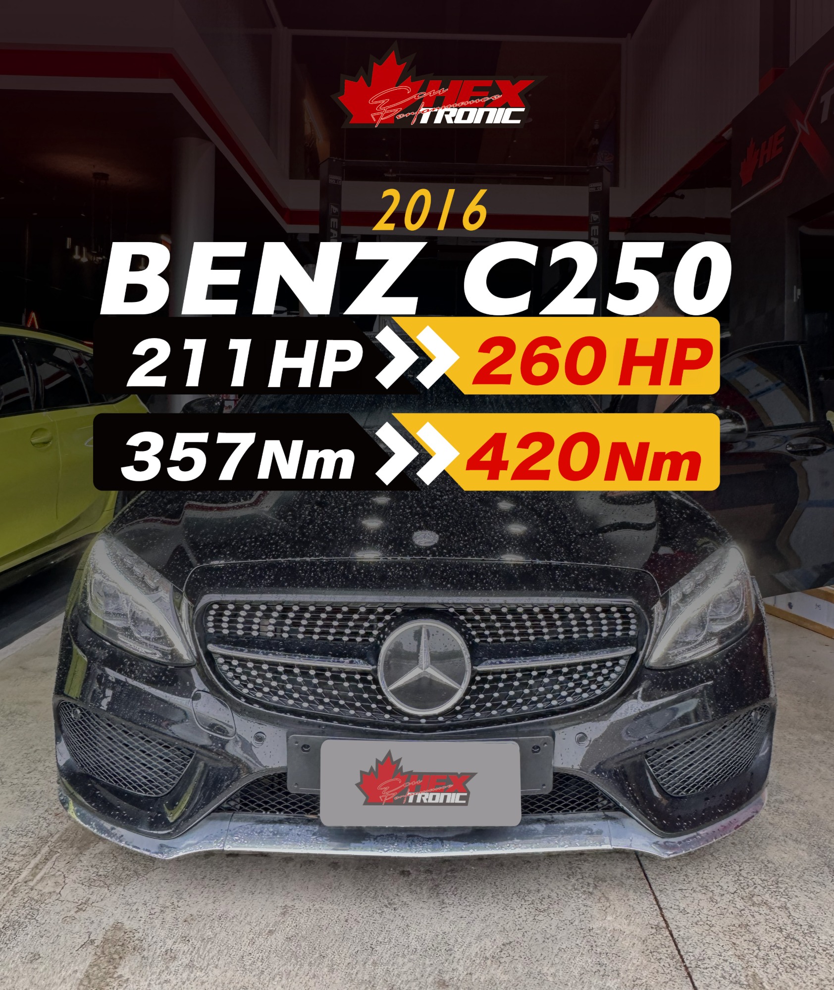 BENZ C250 (W205) 調校前後馬力曲線圖