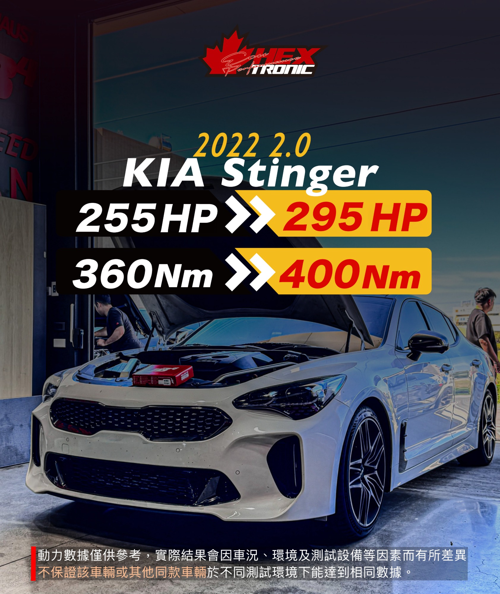 KIA Stinger 2.0 調校前後馬力曲線圖