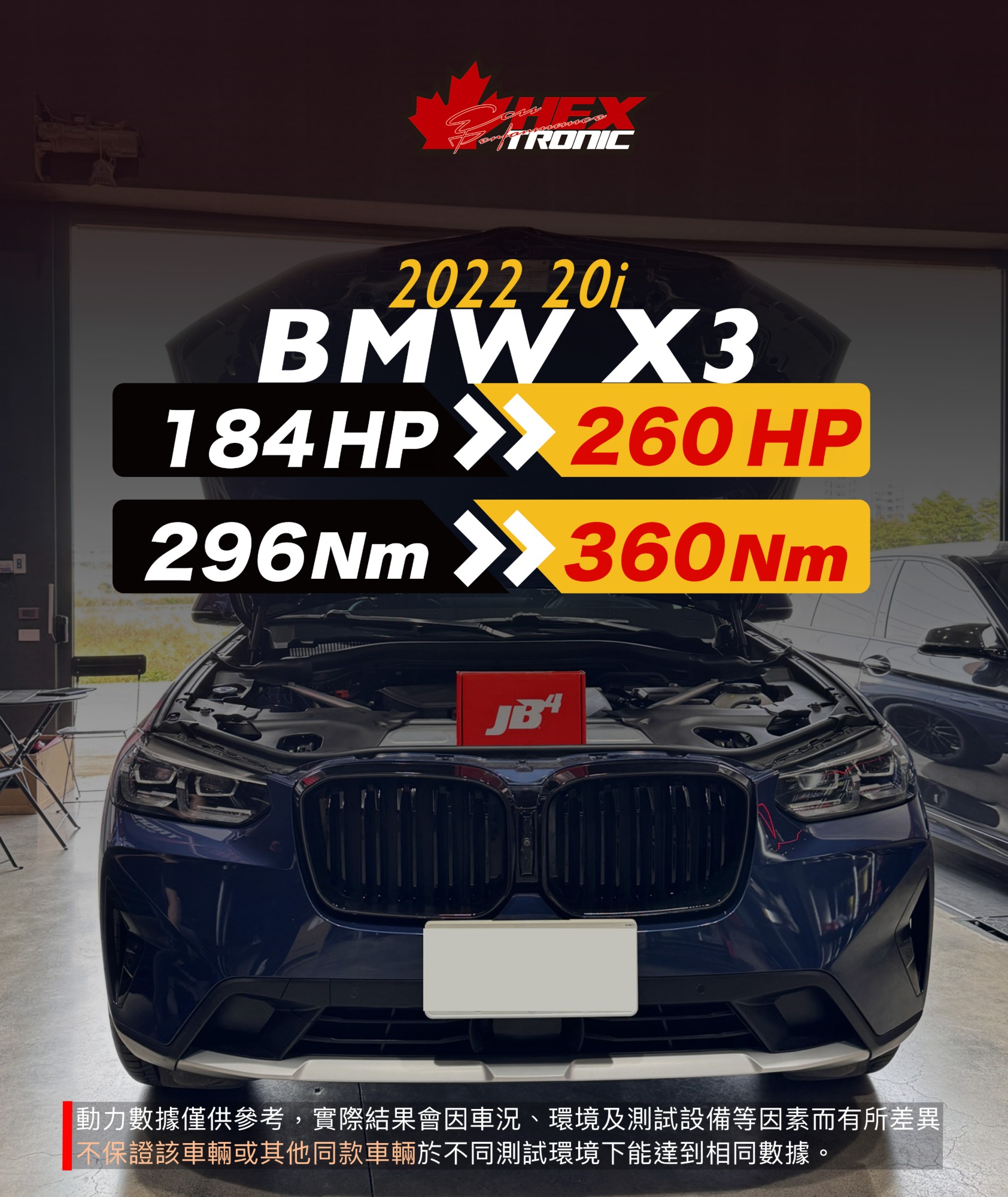 BMW X3 20i G01 調校前後馬力曲線圖