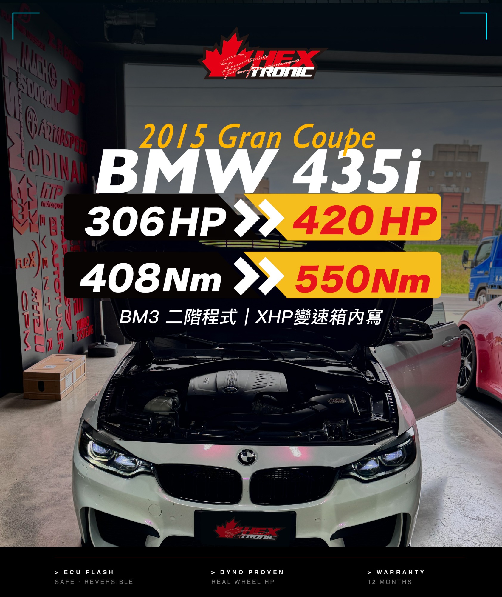 BMW 435i (F32/F36) 調校前後馬力曲線圖