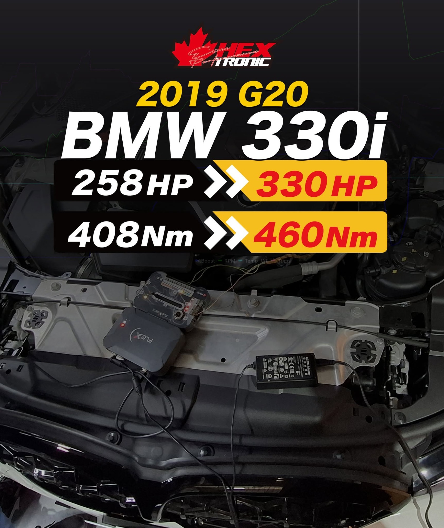 BMW 330i (F30) 調校前後馬力曲線圖